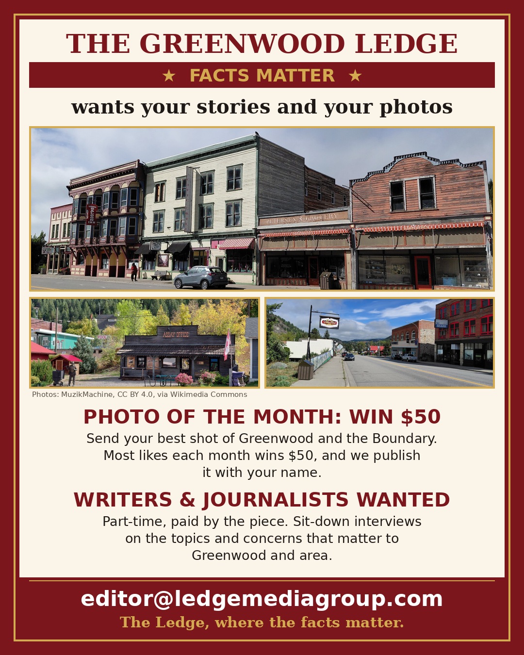 The Greenwood Ledge ad: heritage buildings on Copper Street in Greenwood, BC, the old Assay Office in fall colours with mountains behind, and another Copper Street view, with text announcing a Photo of the Month contest with a $50 prize and a call for writers and journalists.
